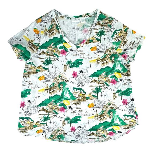 CYNTHIA ROWLEY Shirt Top Sz 2X Allover Print Amalfi Coast Italy Cotton V-Neck - Picture 3 of 9
